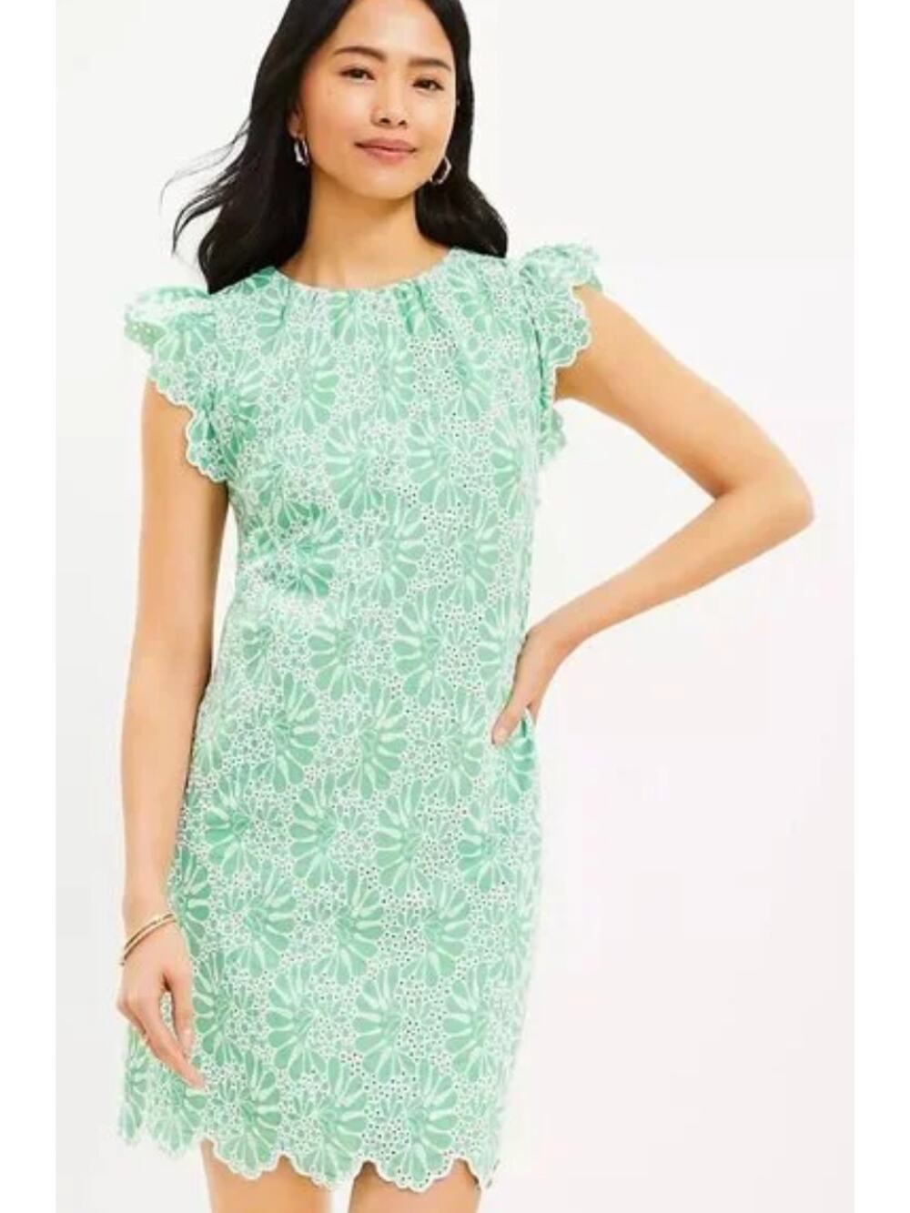 Loft Eyelet Shift Dress Short Flutter Sleeve Womens Size 6 Green White New